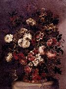 CORTE, Gabriel de la. Still-Life of Flowers in a Woven Basket oil painting reproduction